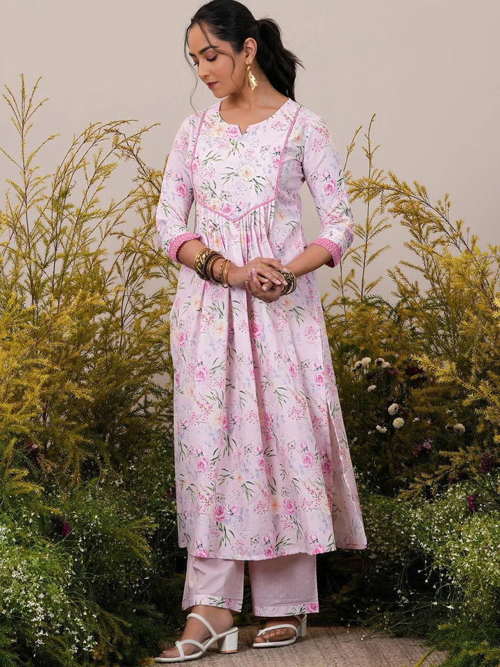 Pink Printed Cotton Blend A-Line Kurta With Palazzos & Dupatta - Libas