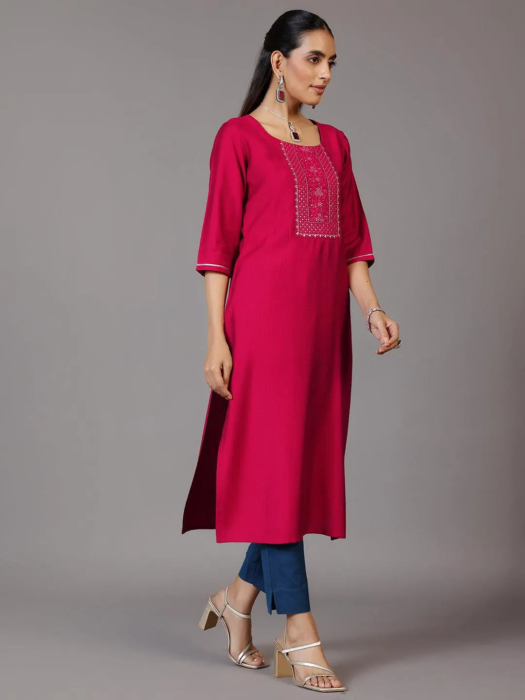 Pink Yoke Design Silk Straight Kurta - Libas 