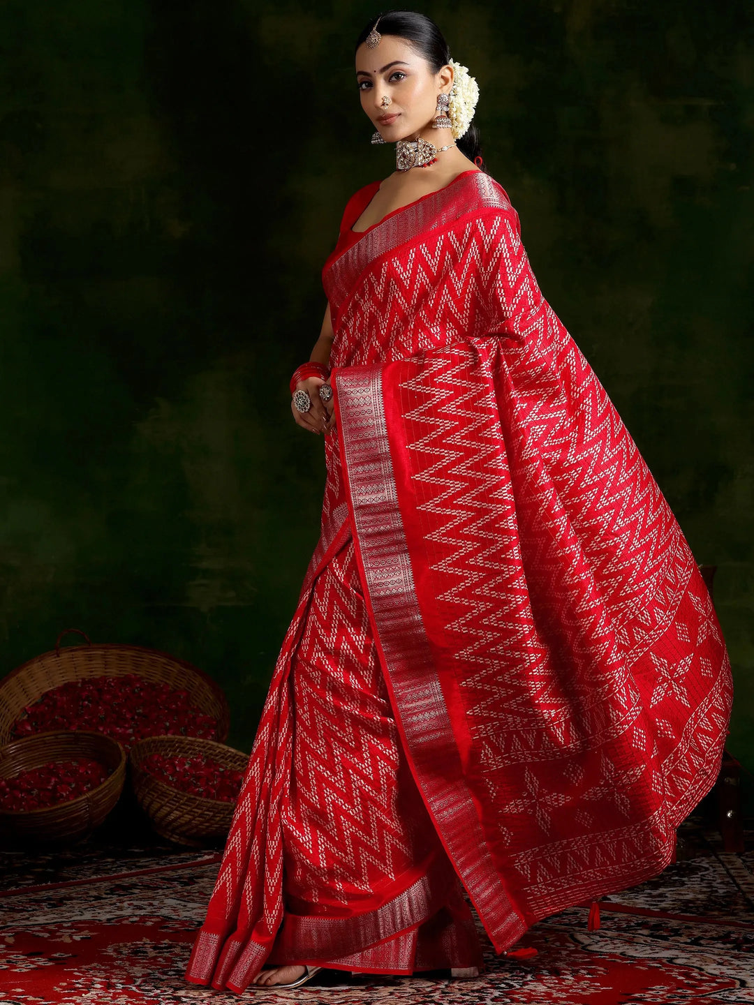  Red Printed Silk Blend Saree With Unstitched Blouse Piece 