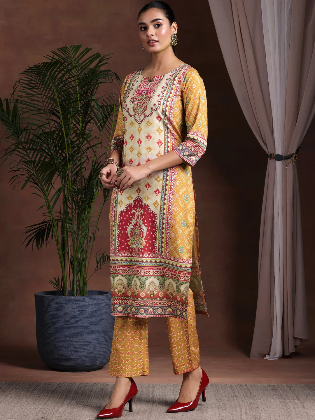  Mustard Printed Poly Crepe Straight Suit With Dupatta 
