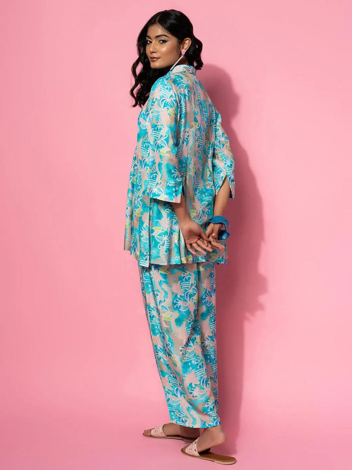 Blue Printed Silk Blend Co-Ords - Libas