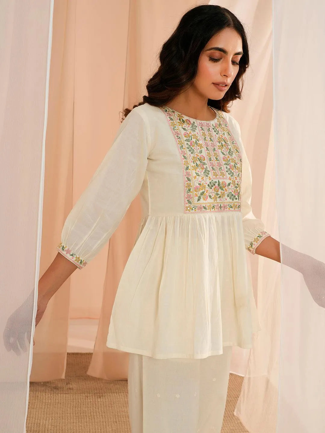 Off White Yoke Design Cotton A-Line Kurti - Libas 