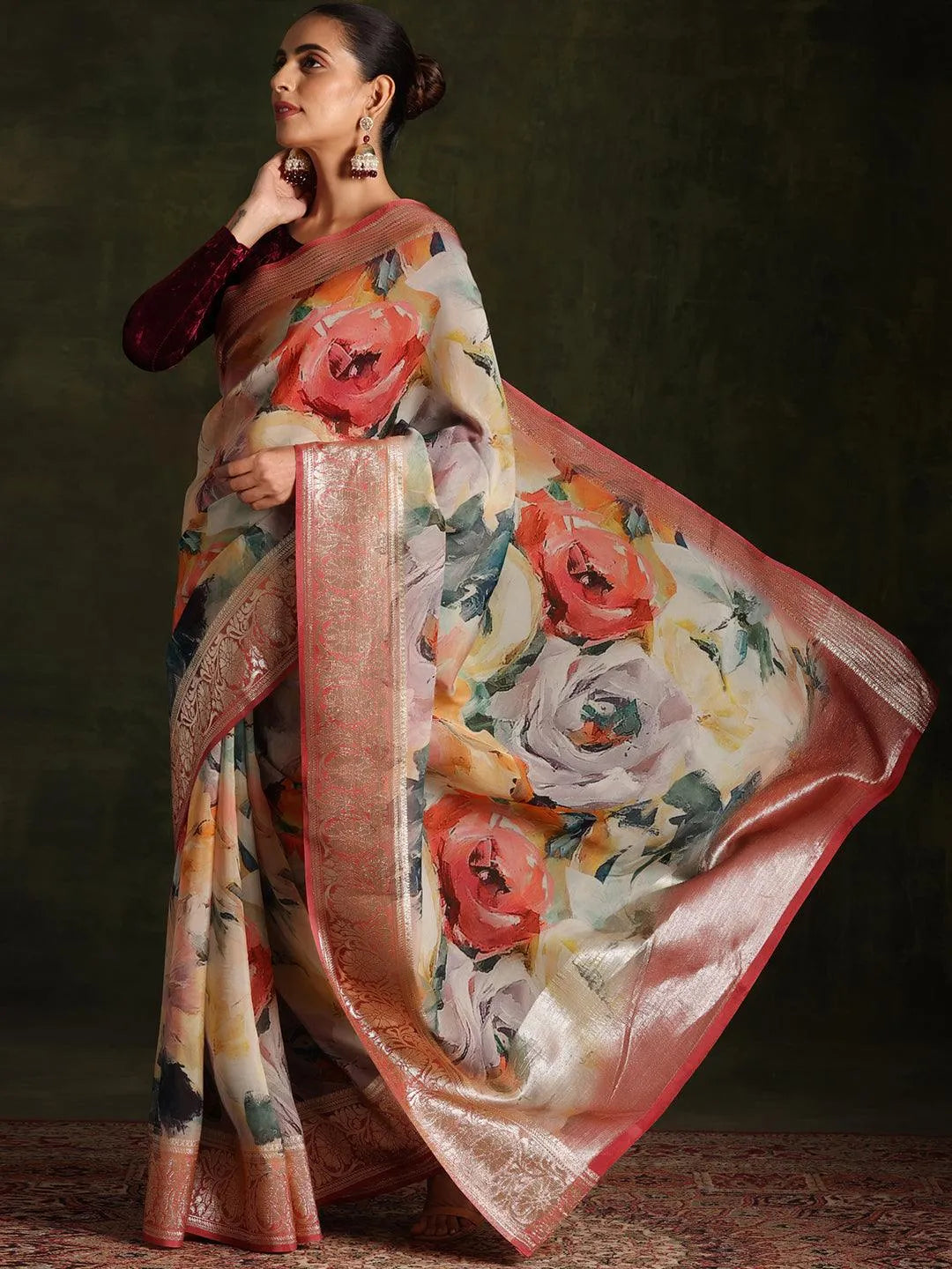 Pink Printed Organza Saree With Unstitched Blouse Piece - Libas