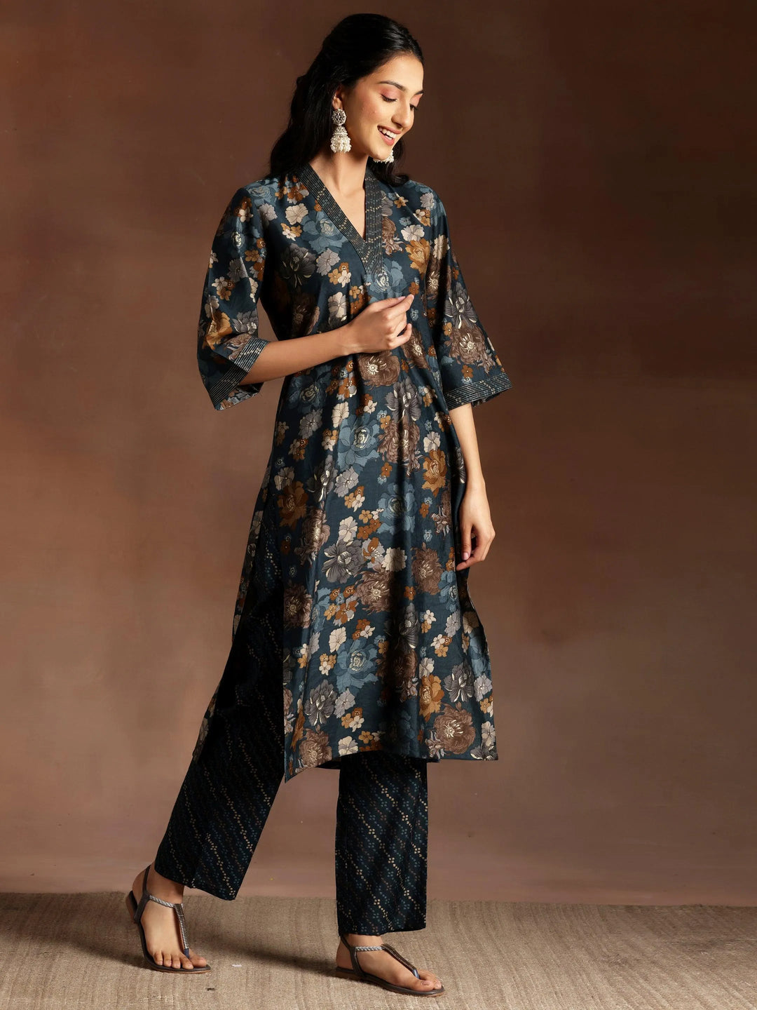 Blue Printed Silk Blend Straight Suit With Dupatta - Libas 