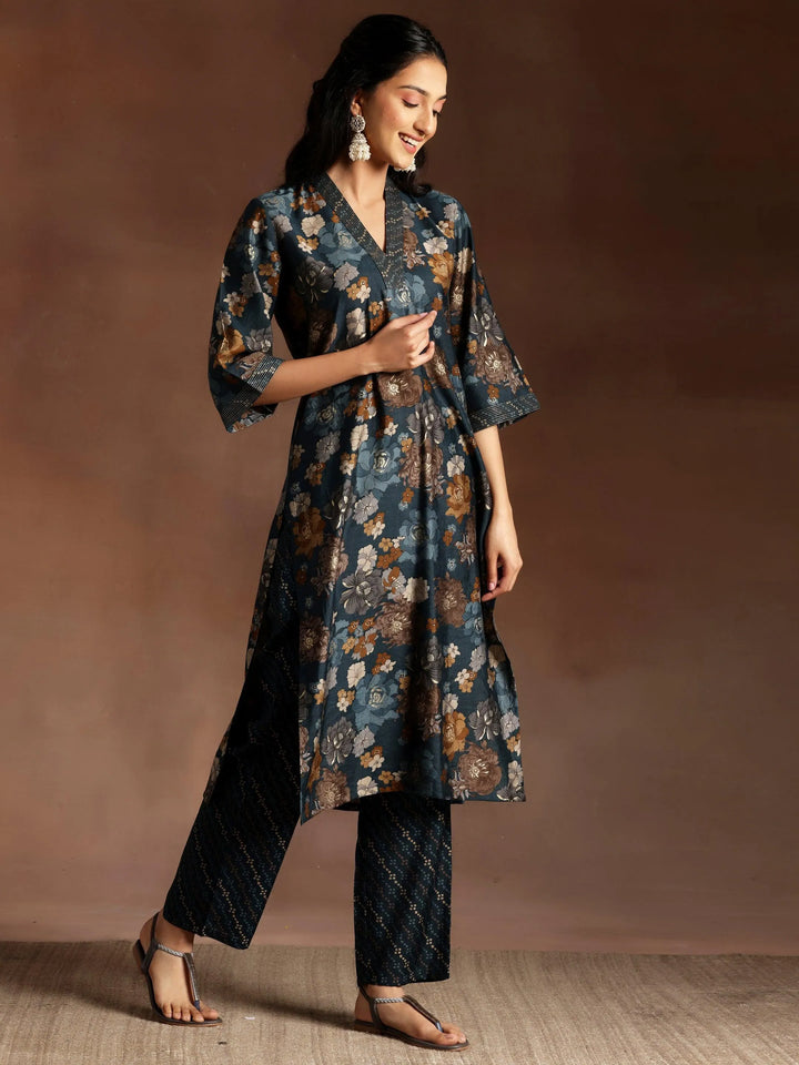 Blue Printed Silk Blend Straight Suit With Dupatta - Libas
