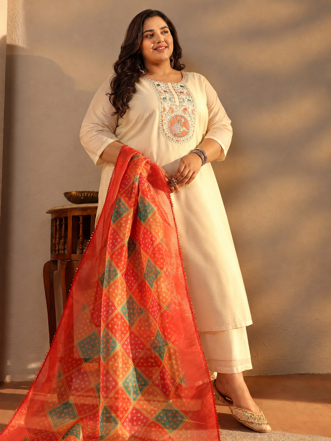 libas Plus Size Off White Ethnic Motif Printed Chanderi Silk Straight Suit Set-picture-36