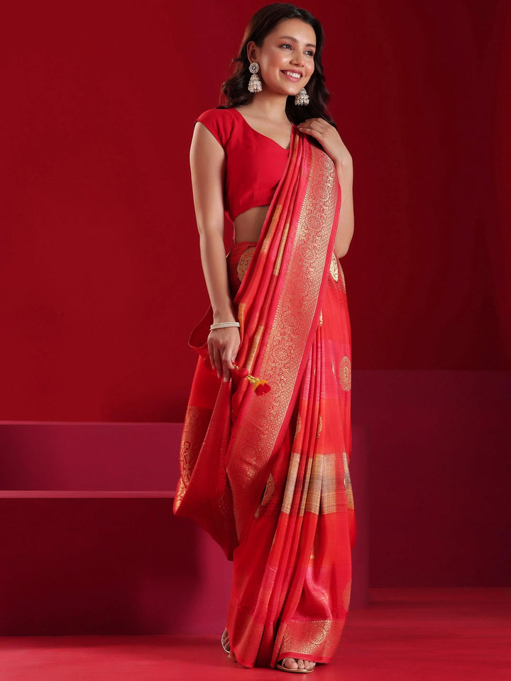 Libas Art Red Woven Design Satin Saree With Unstitched Blouse Piece - Libas