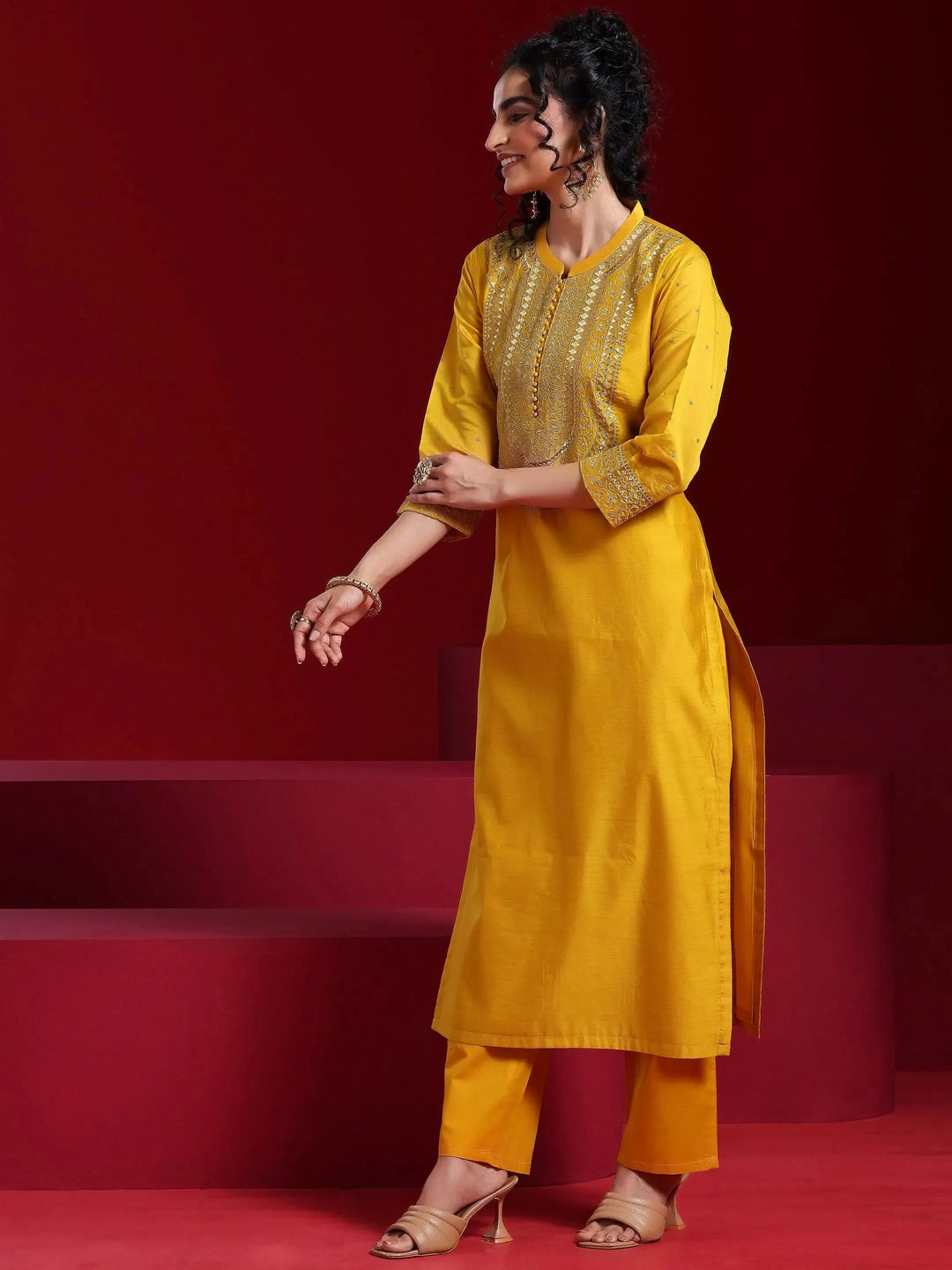  Libas Art Mustard Yoke Design Chanderi Silk Straight Suit With Dupatta 