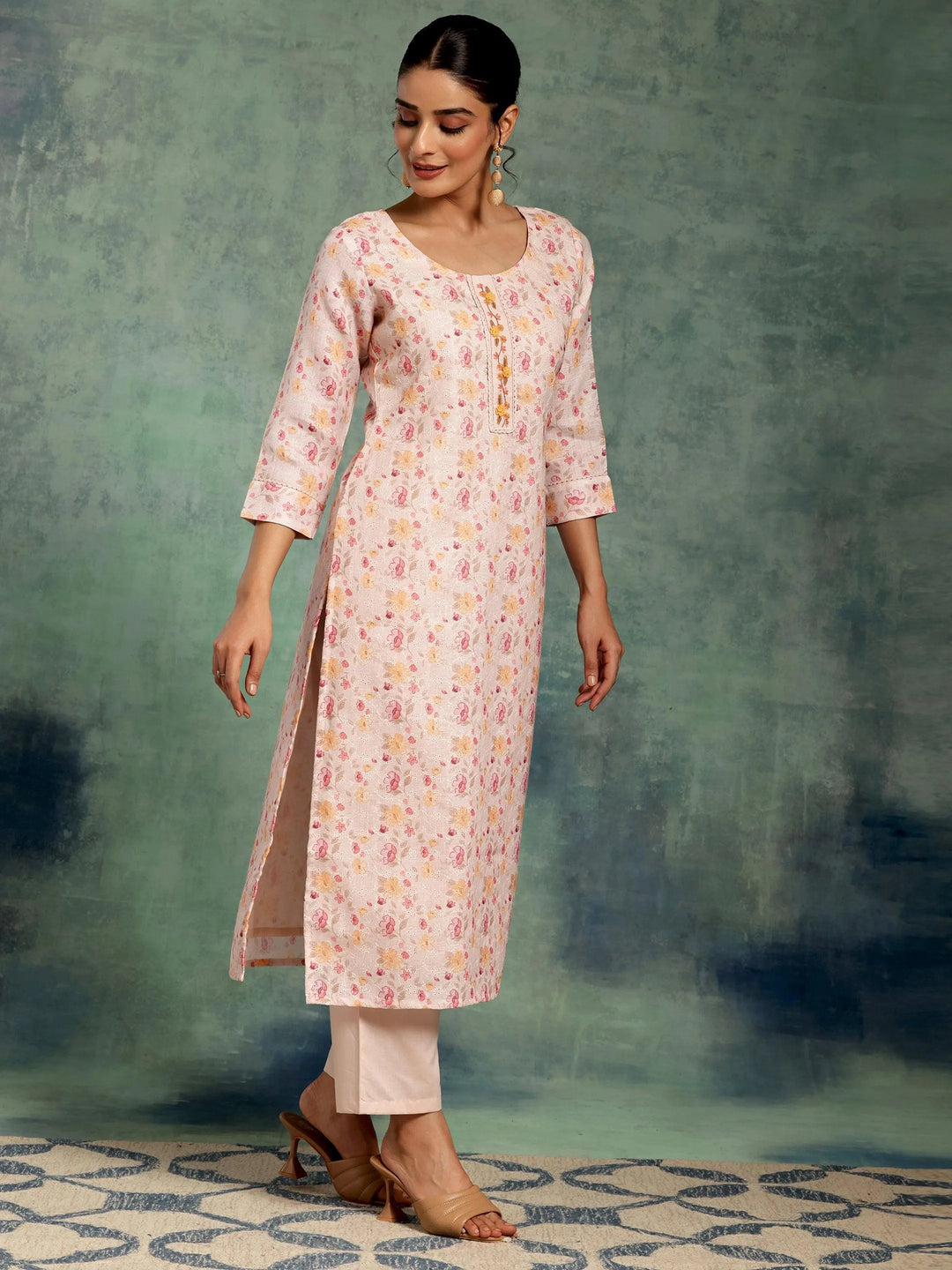 Peach Printed Cotton Straight Suit With Dupatta - Libas 