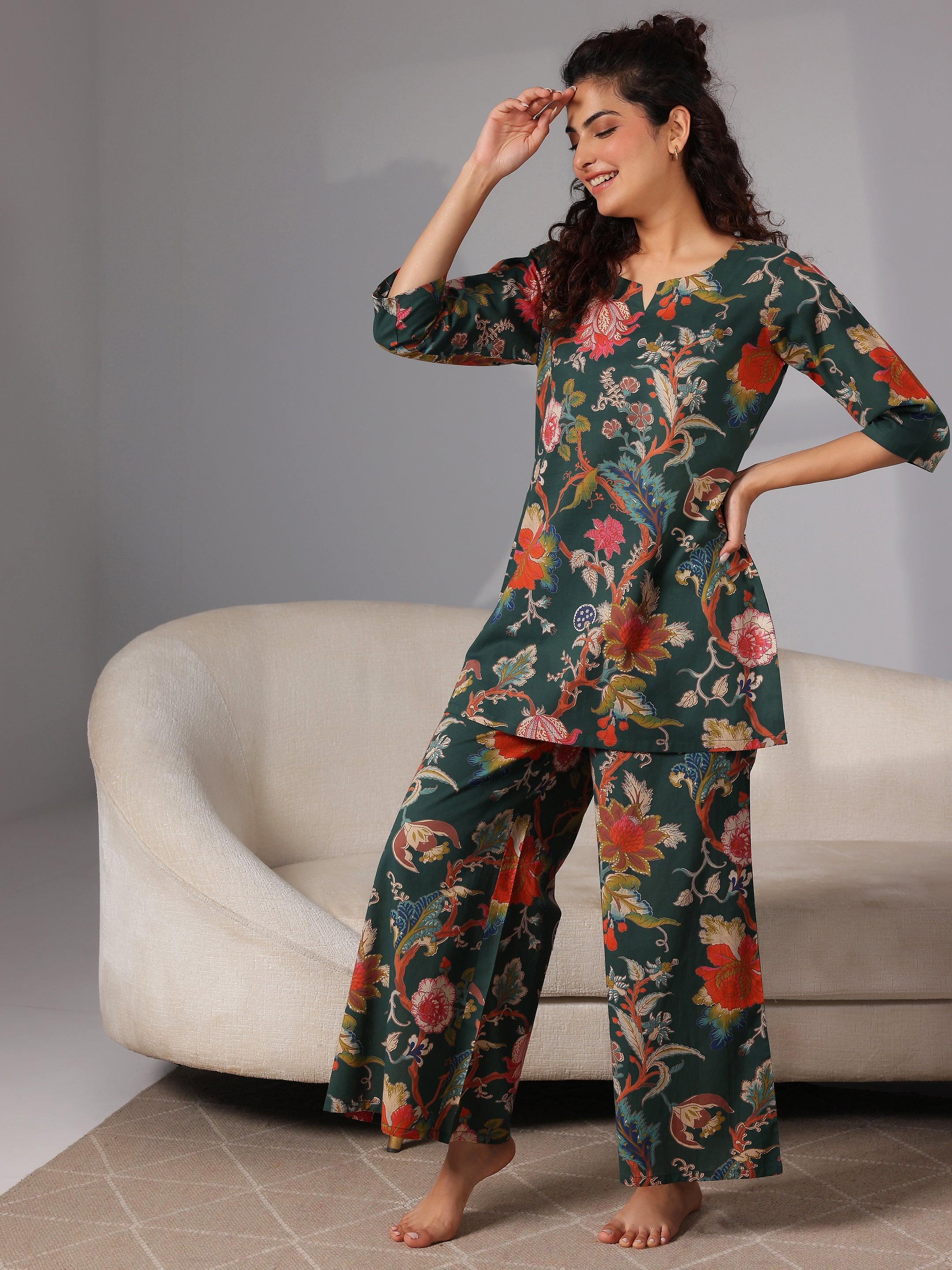Green Printed Cotton Night Suits