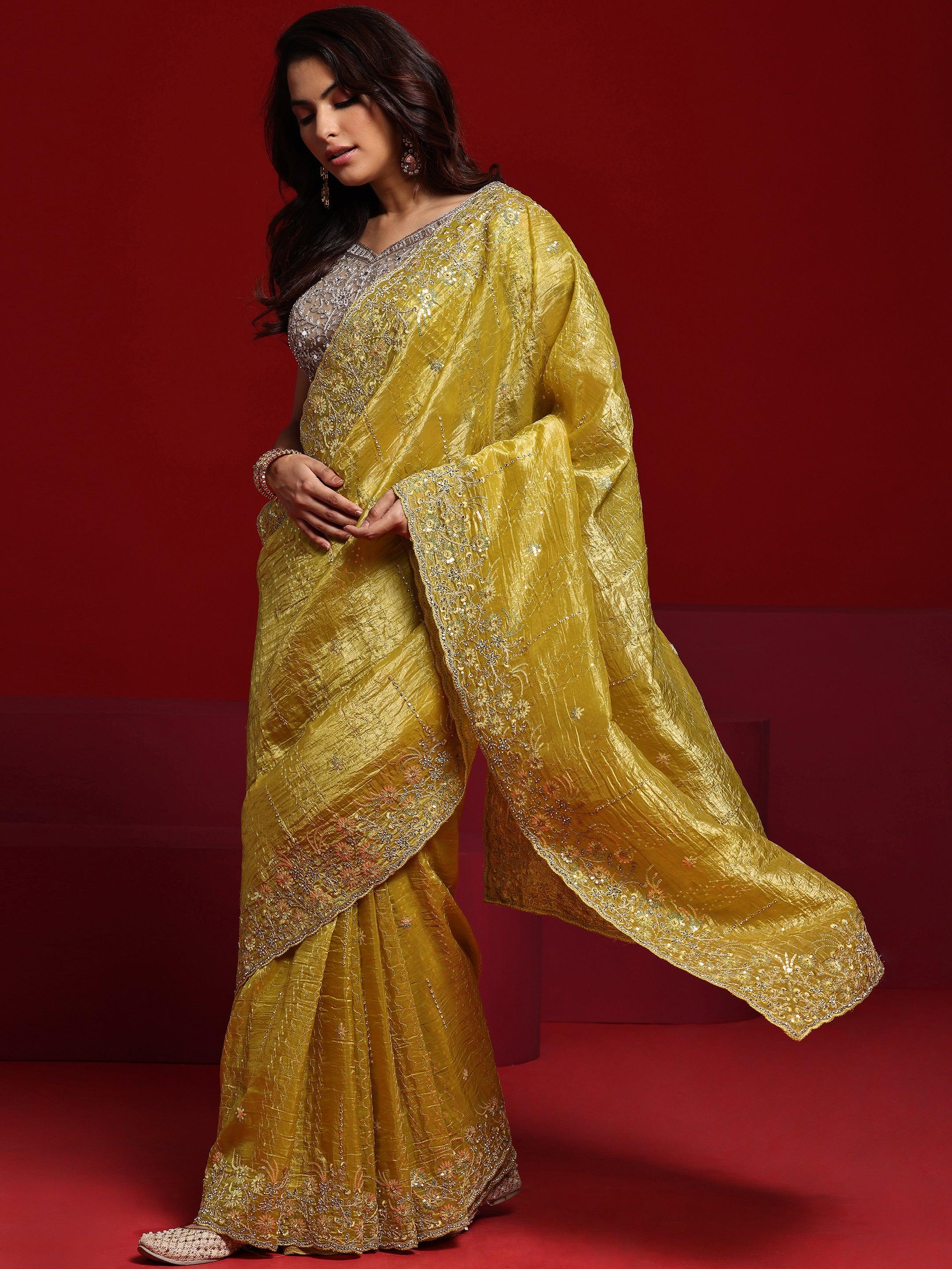 Libas Art Mustard Embellished Tissue Saree With Unstitched Blouse Piece