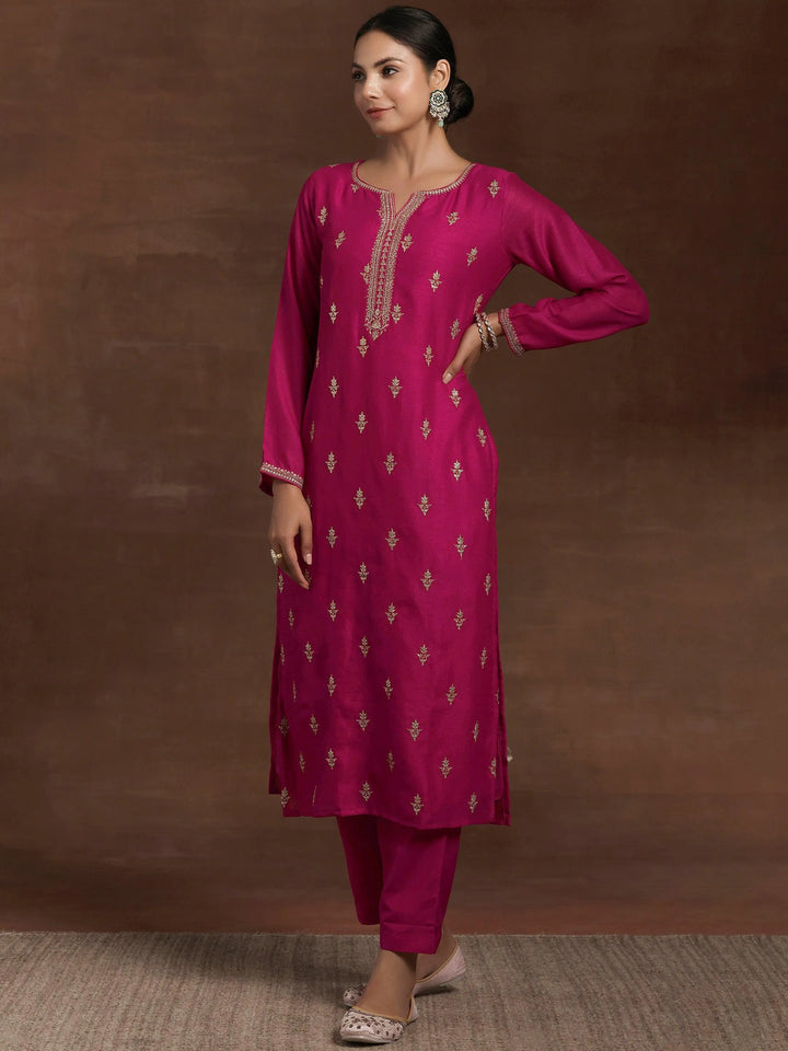 Pink Embroidered Silk Blend Straight Suit With Dupatta - Libas