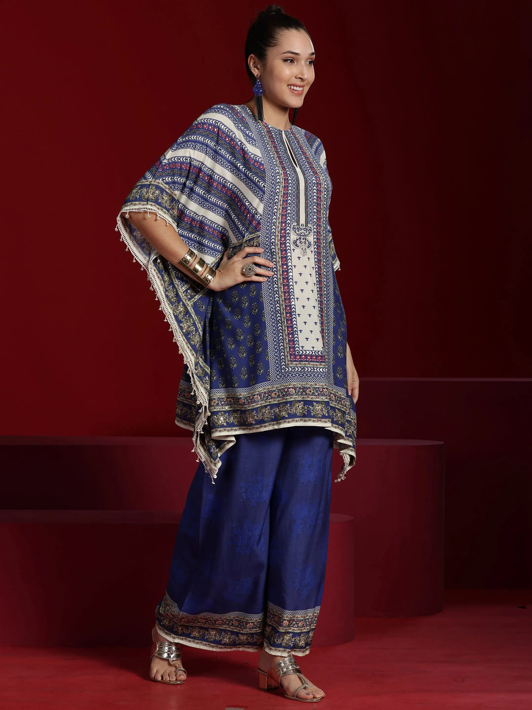  Libas Art Blue Printed Silk Blend Kaftan With Palazzos 