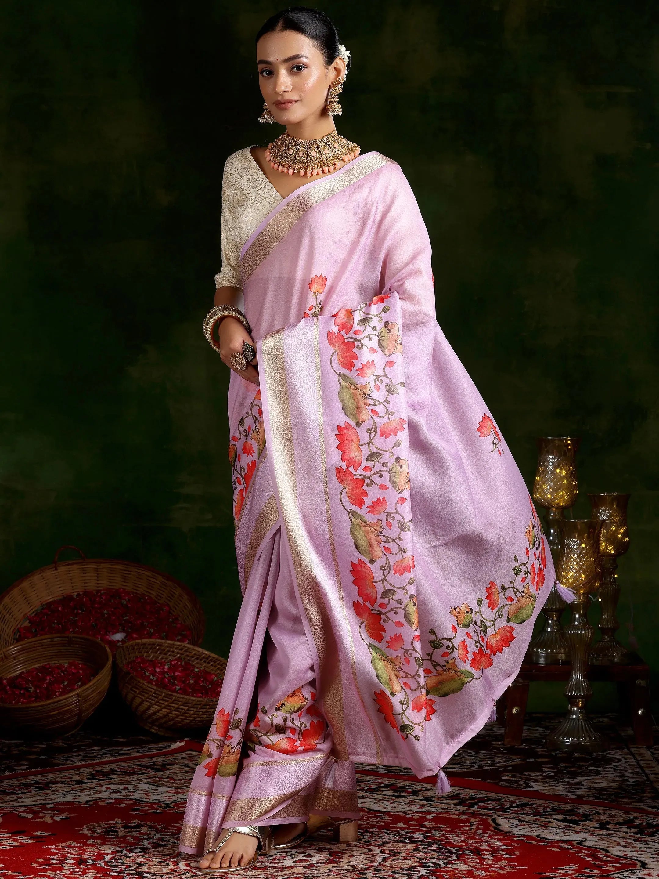Libas Art Lavender Embroidered Tissue Saree With Unstitched Blouse Piece