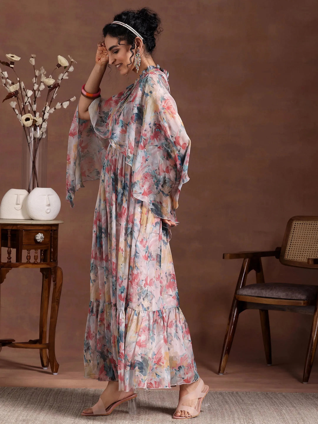  Multicoloured Printed Chiffon A-Line Dress 