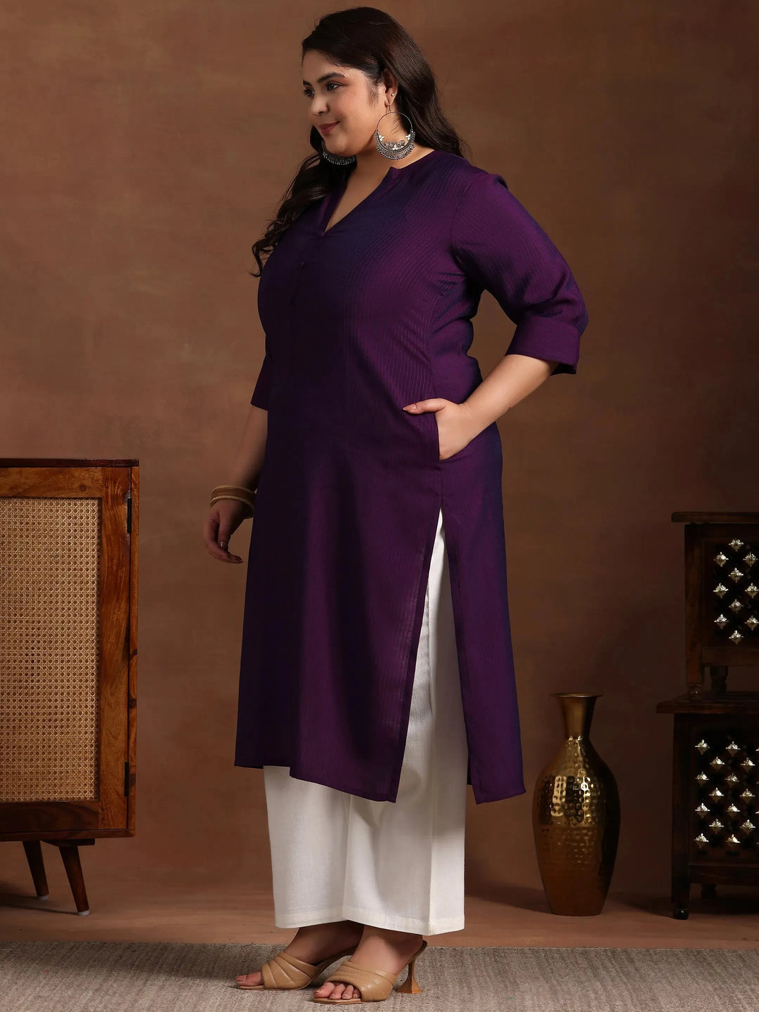  Plus Size Purple Woven Design Silk Straight Kurta 