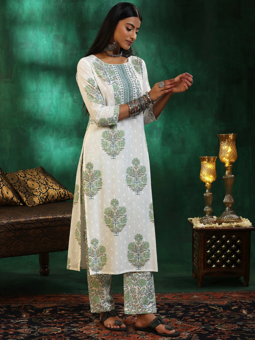  Off White Printed Cotton Straight Suit With Dupatta 