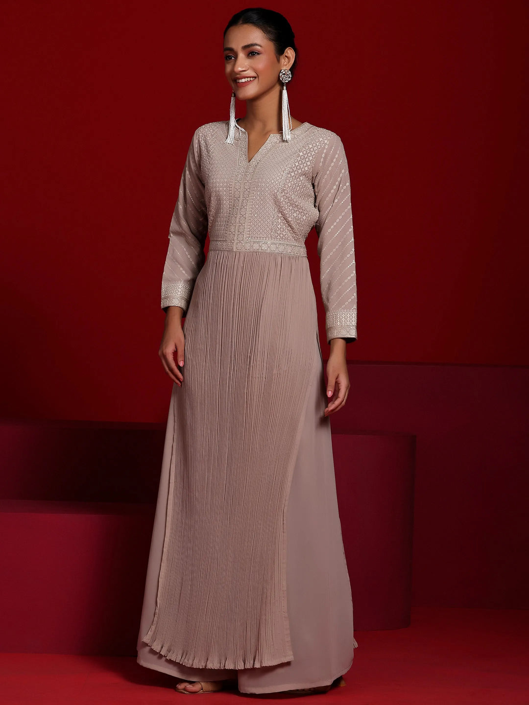  Libas Art Beige Embroidered Georgette A-Line Kurta With Palazzos & Dupatta 