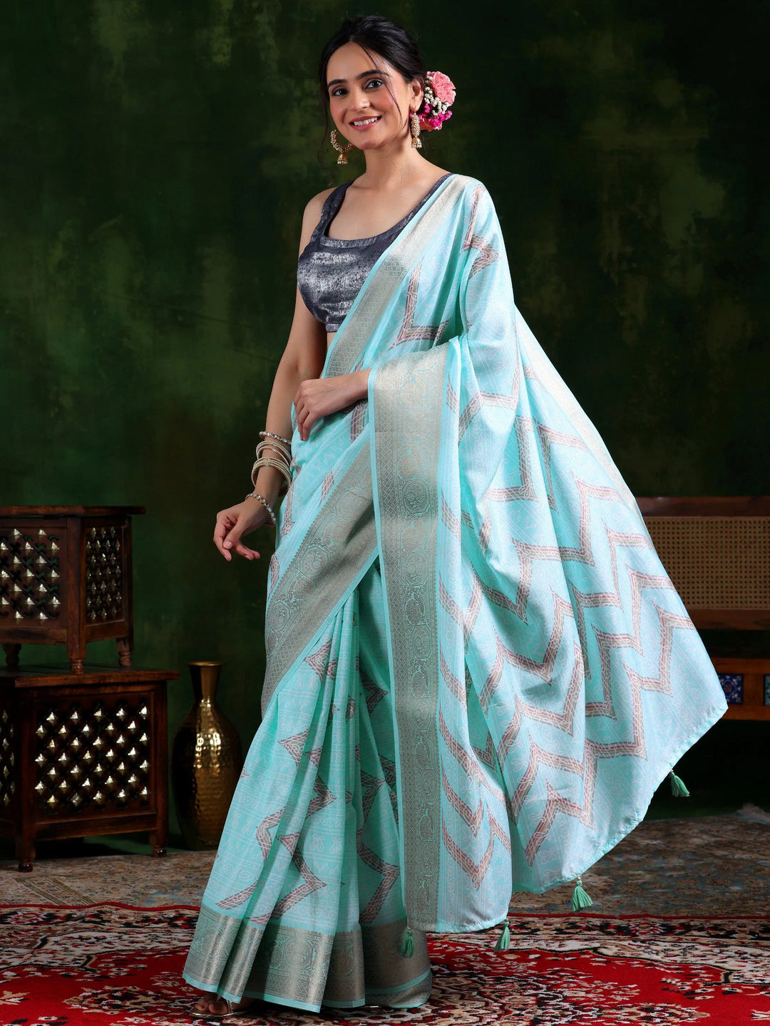 Blue Printed Silk Blend Saree With Unstitched Blouse Piece - Libas 