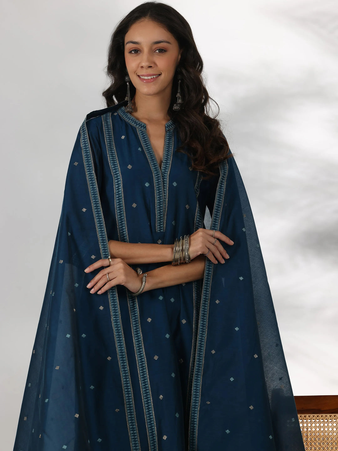  Teal Woven Design Chanderi Silk Straight Suit With Dupatta 