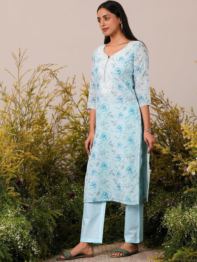 Blue Printed Linen Straight Suit With Dupatta - Libas