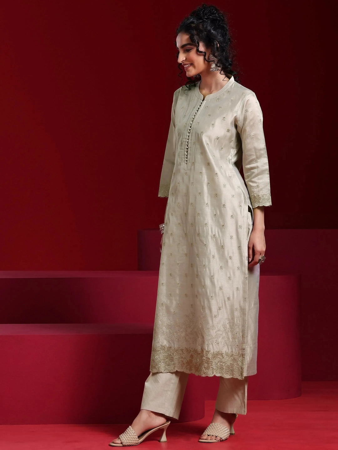  Libas Art Grey Embroidered Chanderi Silk Straight Suit With Dupatta 