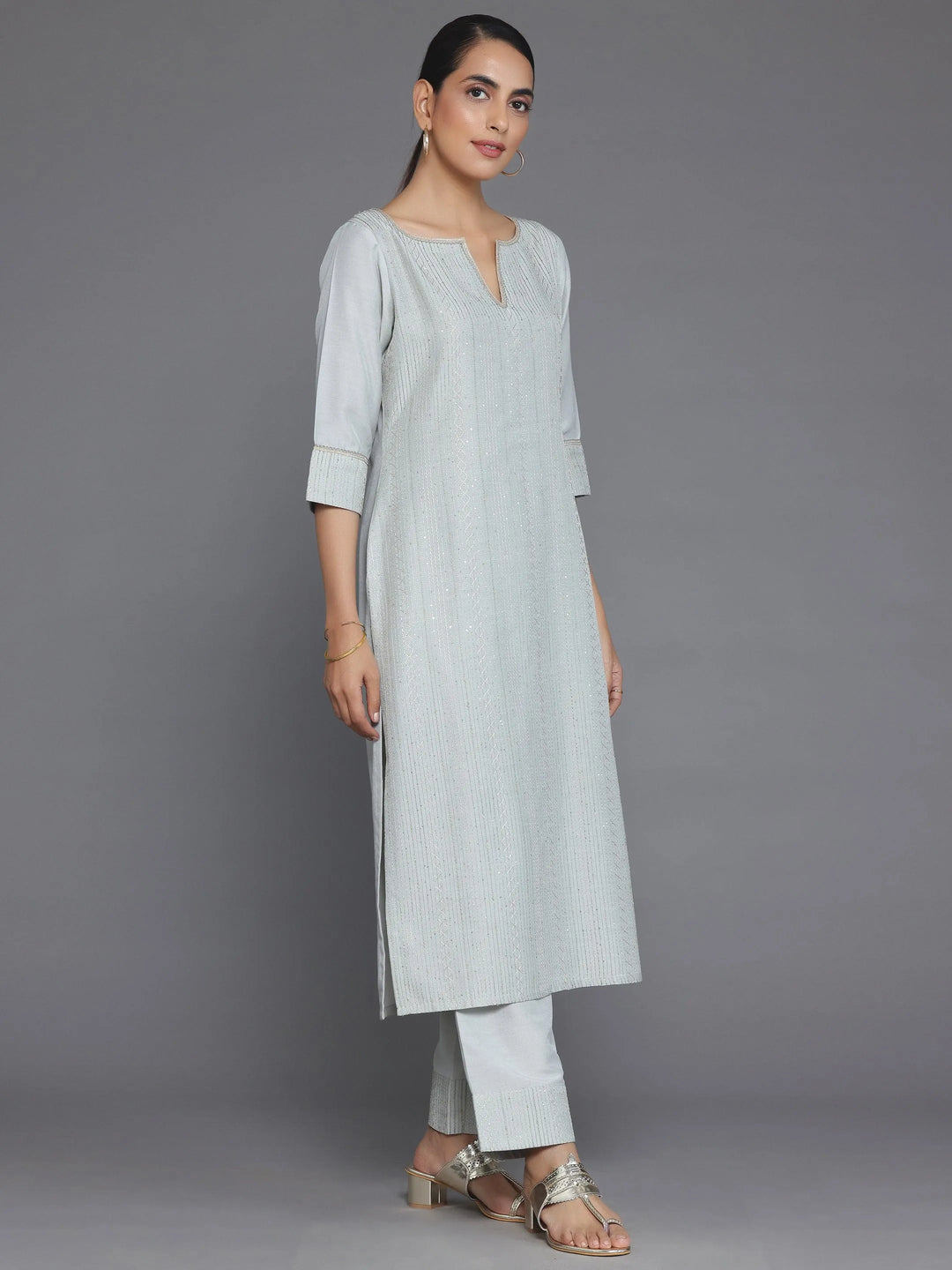 Grey Self Design Silk Blend Straight Suit With Dupatta - Libas 