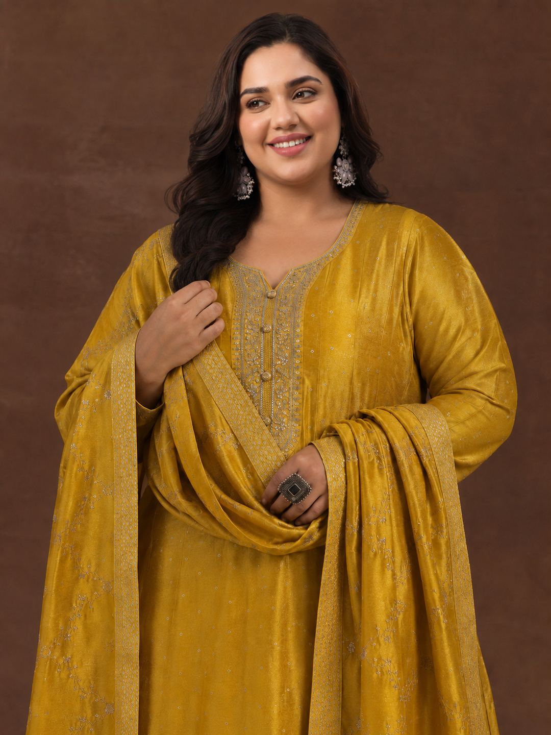  Plus Size Mustard Floral Embroidered Silk Blend A-Line Suit Set 