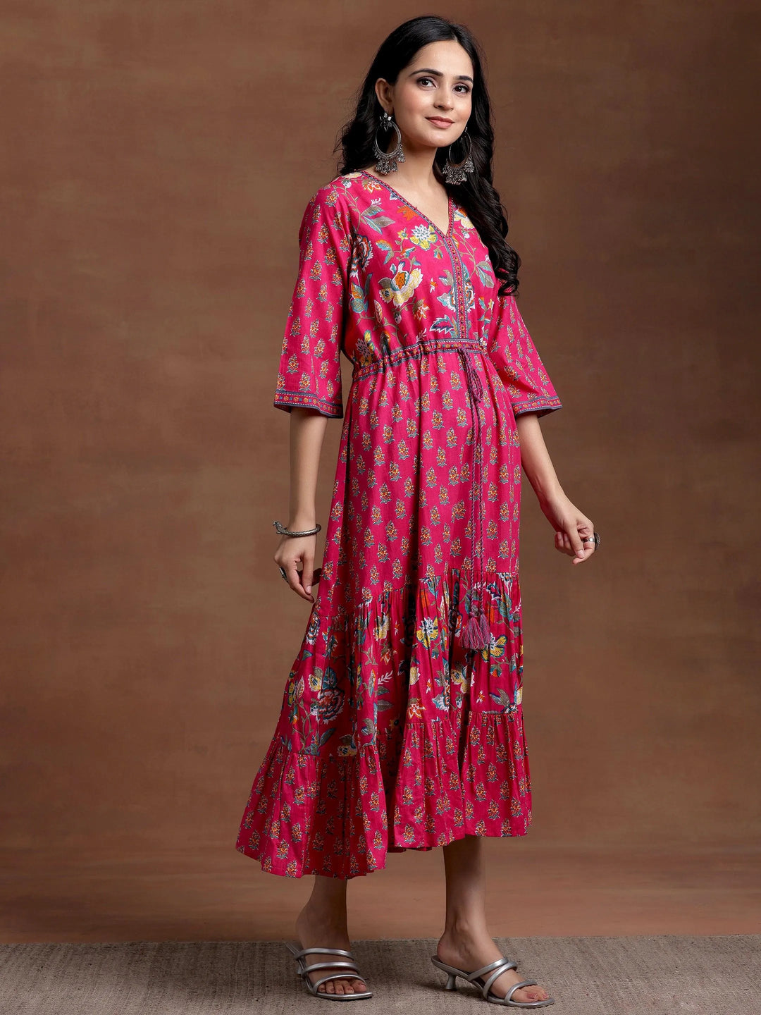 Pink Printed Cotton Fit and Flare Dress - Libas 