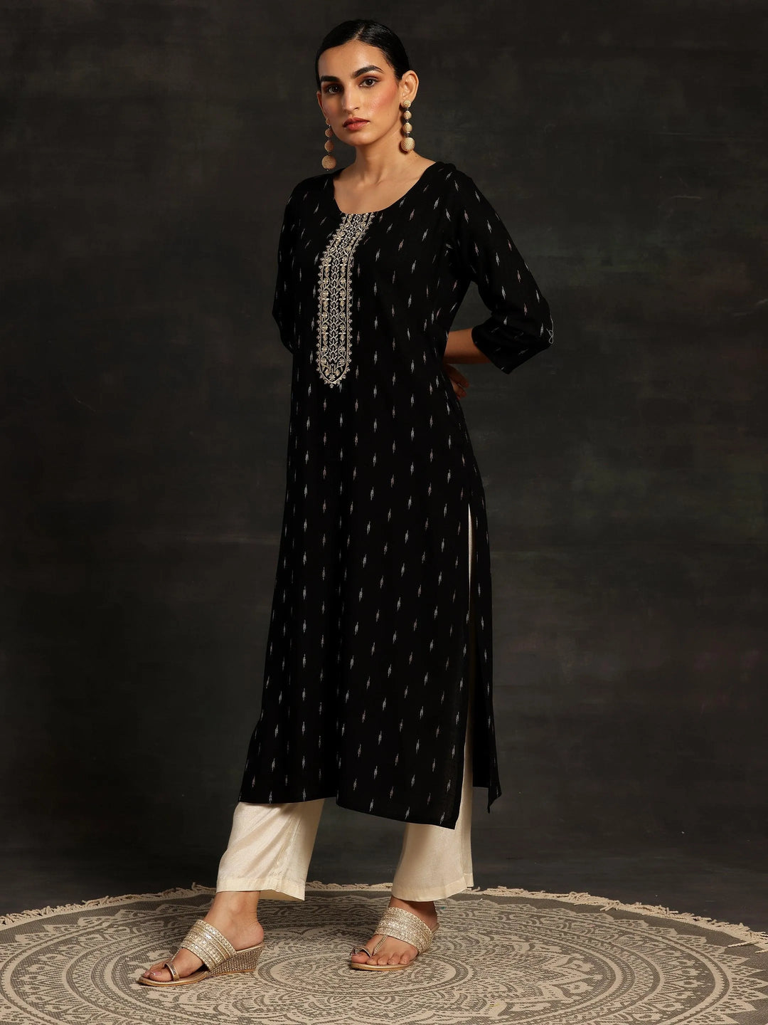 Black Yoke Design Cotton Straight Kurta - Libas