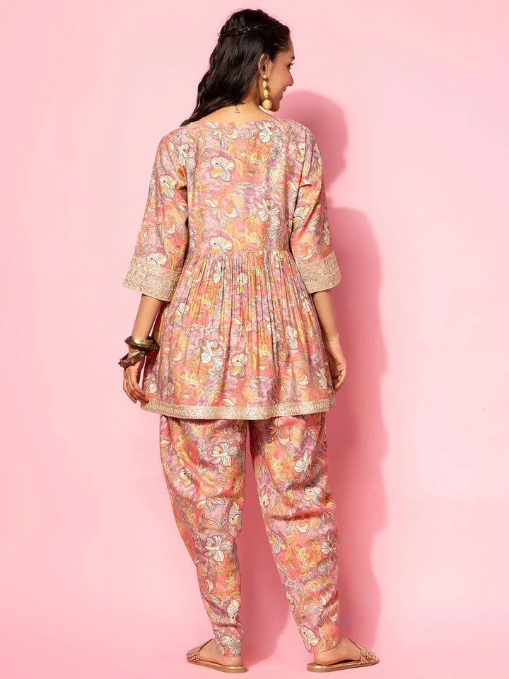 Peach Printed Silk Blend Co-Ords - Libas