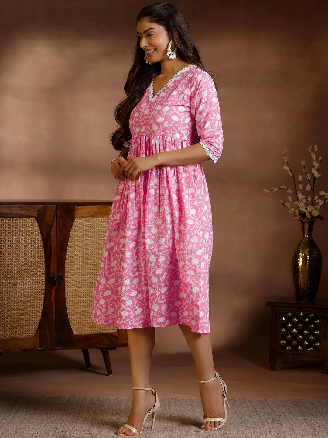  Pink Printed Cotton Fit and Flare Dress 