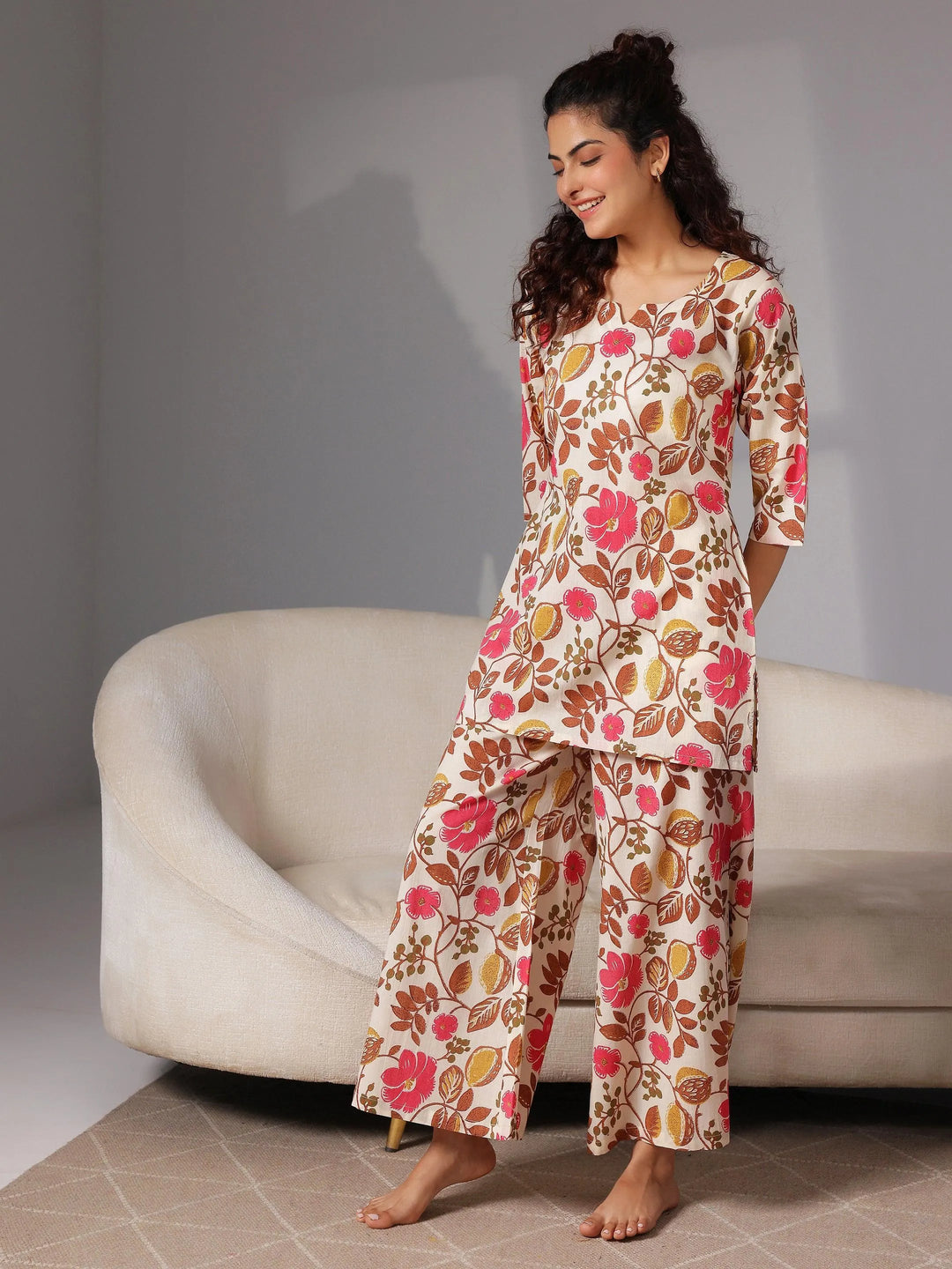 Cream Printed Cotton Night Suits - Libas 