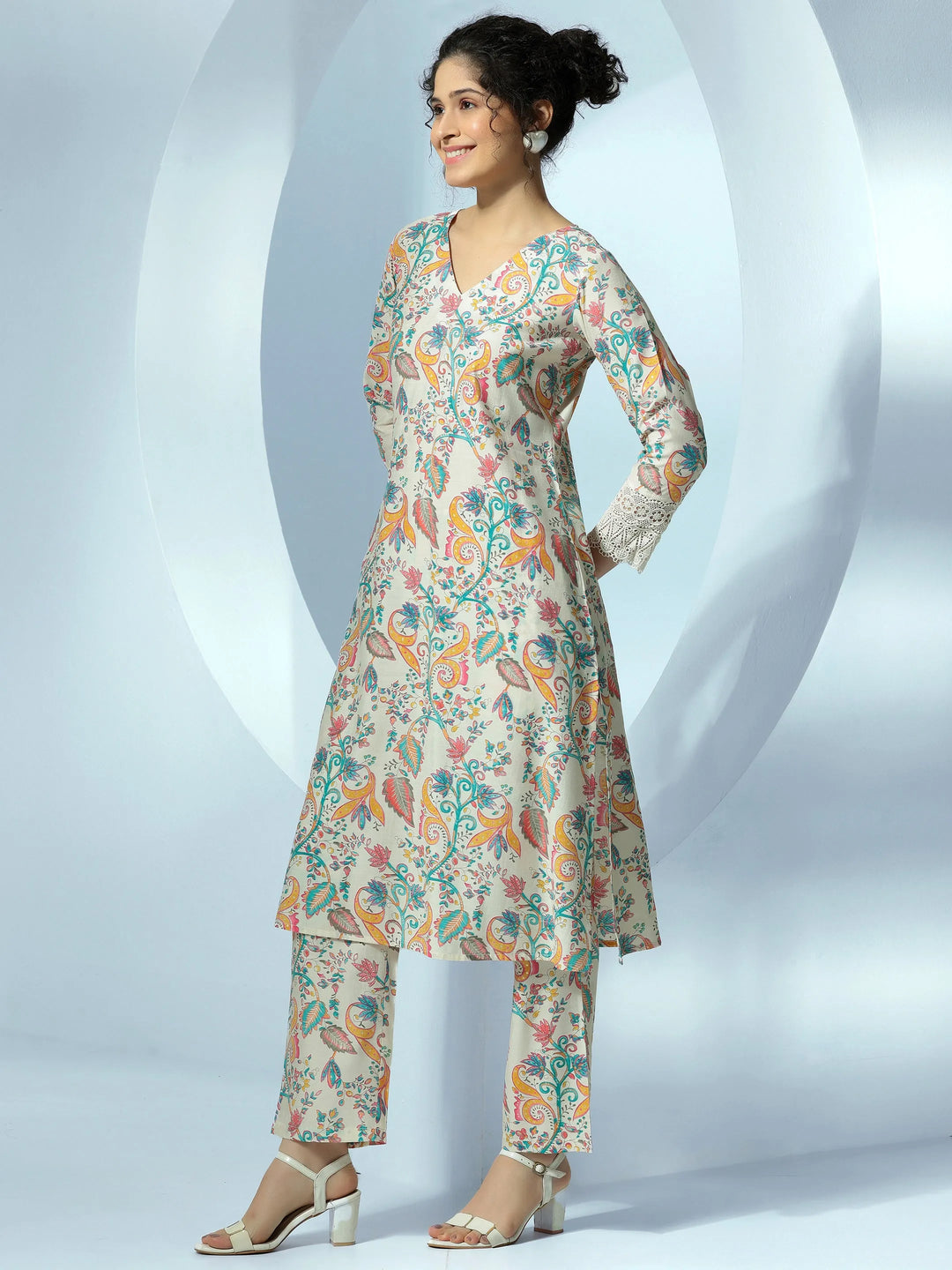  Off White Printed Silk Blend Co-Ords 