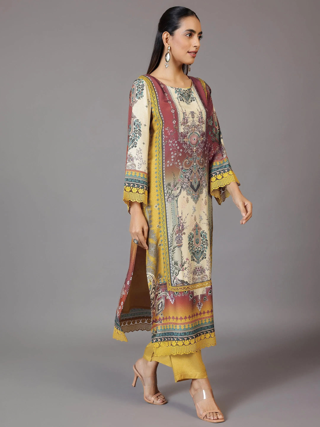 Mustard Printed Silk Blend Straight Suit With Dupatta - Libas 