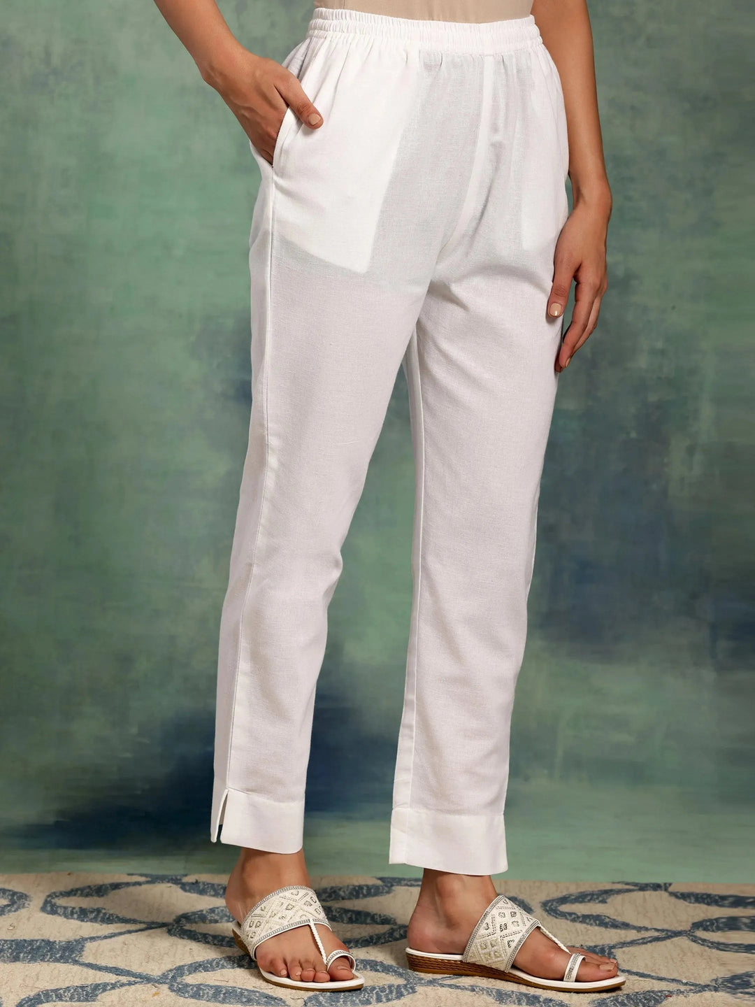 White Solid Cotton Straight Fit Trousers - Libas 
