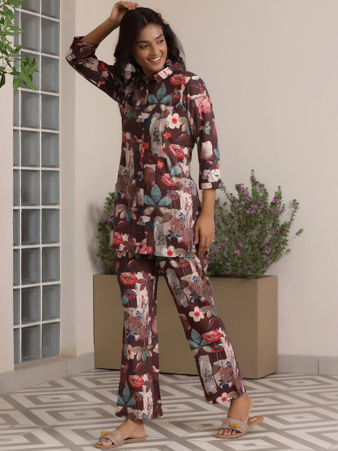  Brown Printed Silk Blend Co-Ords 
