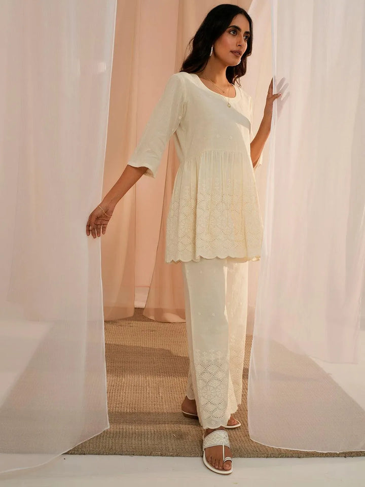 Off White Self Design Cotton Tunic With Palazzos - Libas