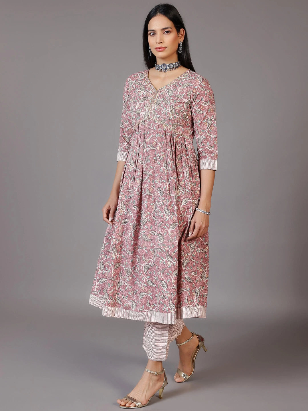 Pink Printed Cotton Anarkali Suit With Dupatta - Libas 