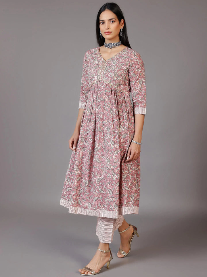 Pink Printed Cotton Anarkali Suit With Dupatta - Libas