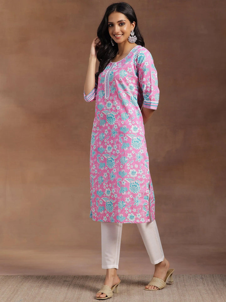 Pink Printed Cotton Straight Kurta - Libas