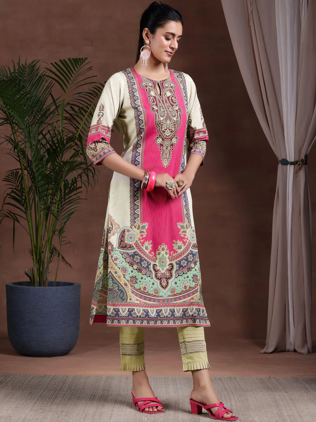  Beige Printed Crepe Straight Kurta 