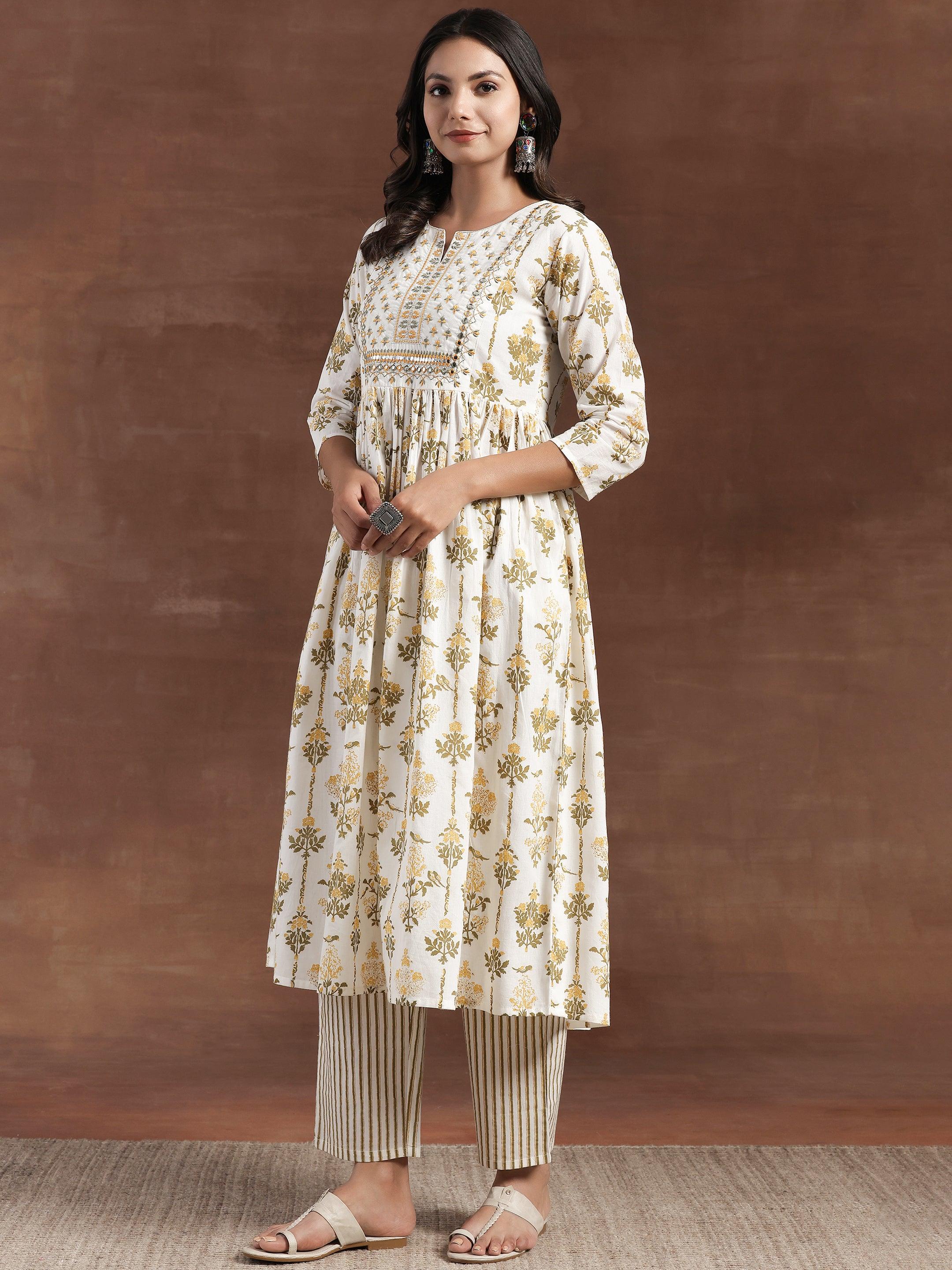 Off White Printed Cotton Anarkali Suit With Dupatta