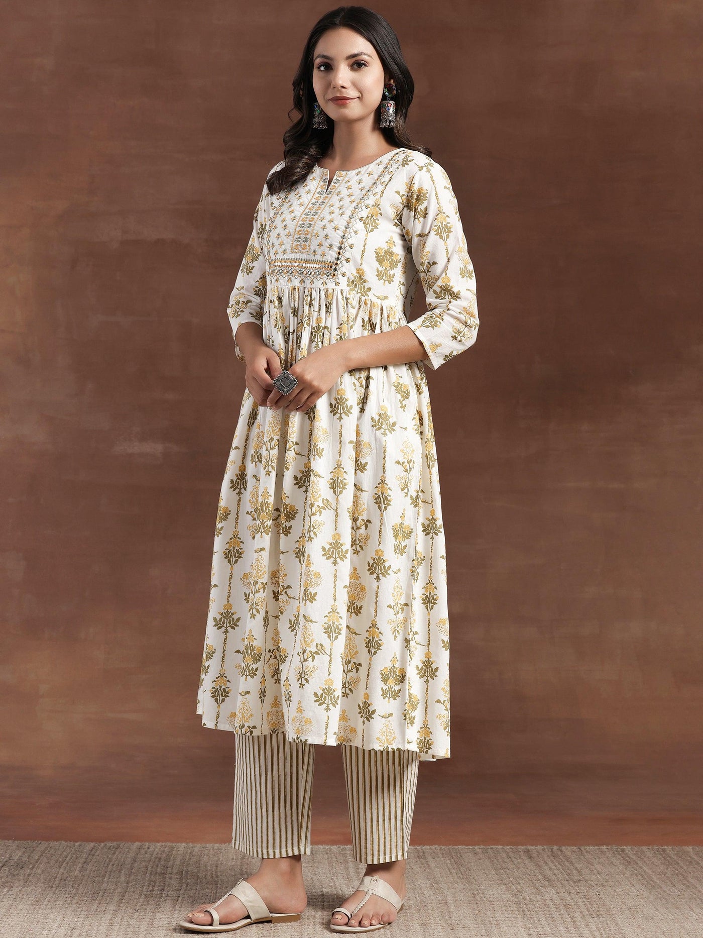 Off White Printed Cotton Anarkali Suit With Dupatta - Libas