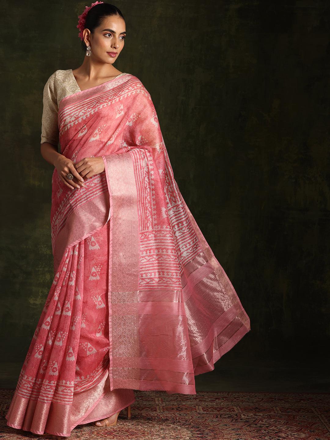 Pink Printed Silk Blend Saree With Unstitched Blouse Piece