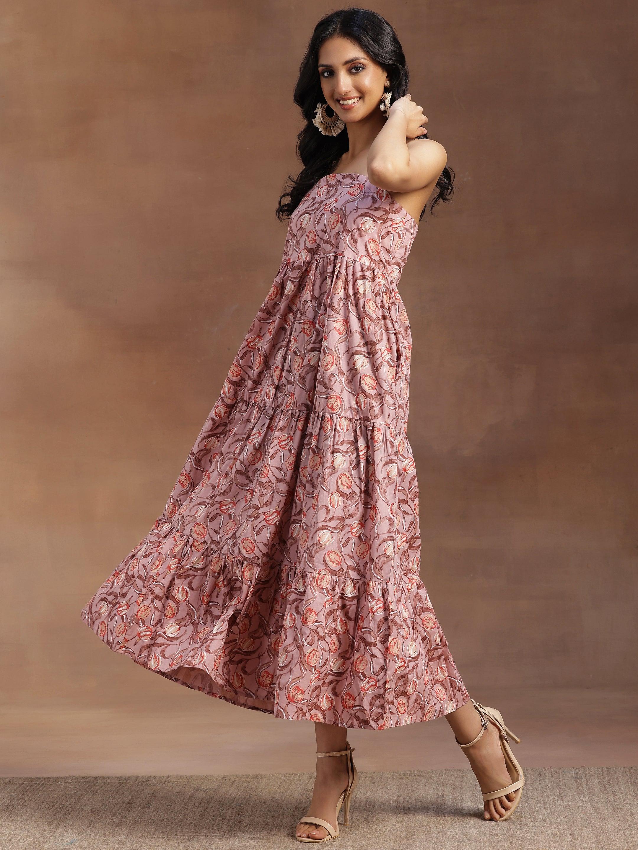 Peach Printed Cotton Fit and Flare Dress