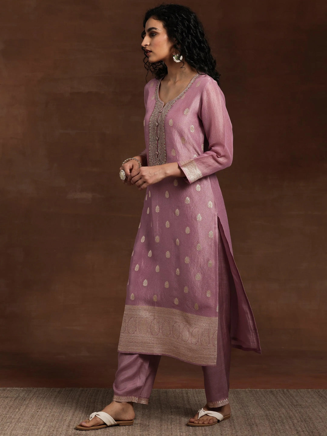 Mauve Woven Design Silk Blend Straight Kurta With Palazzos & Dupatta - Libas 