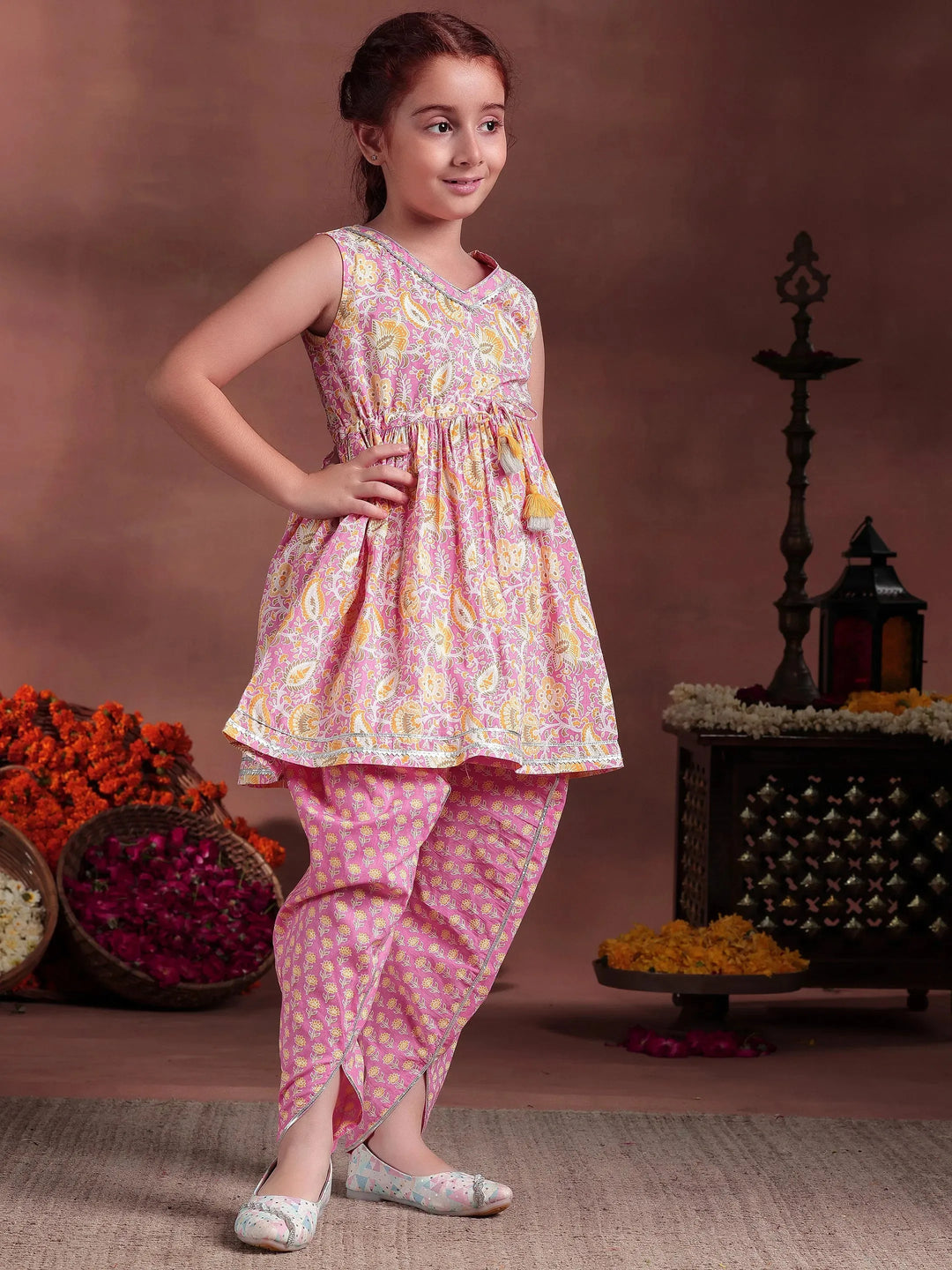  Kids Pink Printed Cotton A-Line Kurti With Salwar & Dupatta 