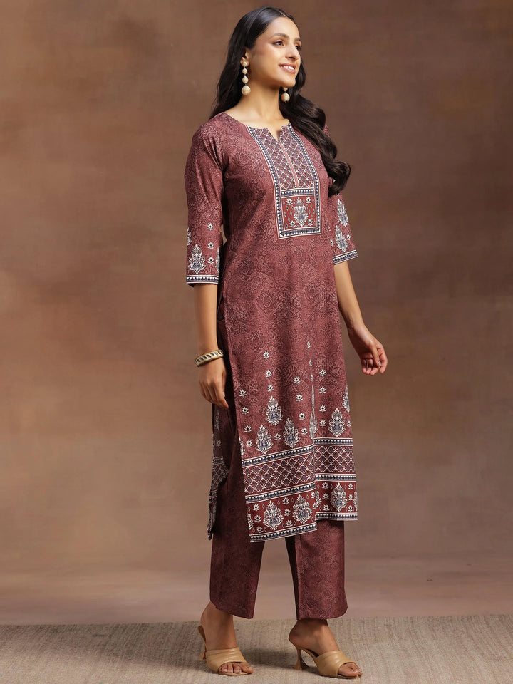 Brown Printed Poly Crepe Straight Kurta With Trousers - Libas