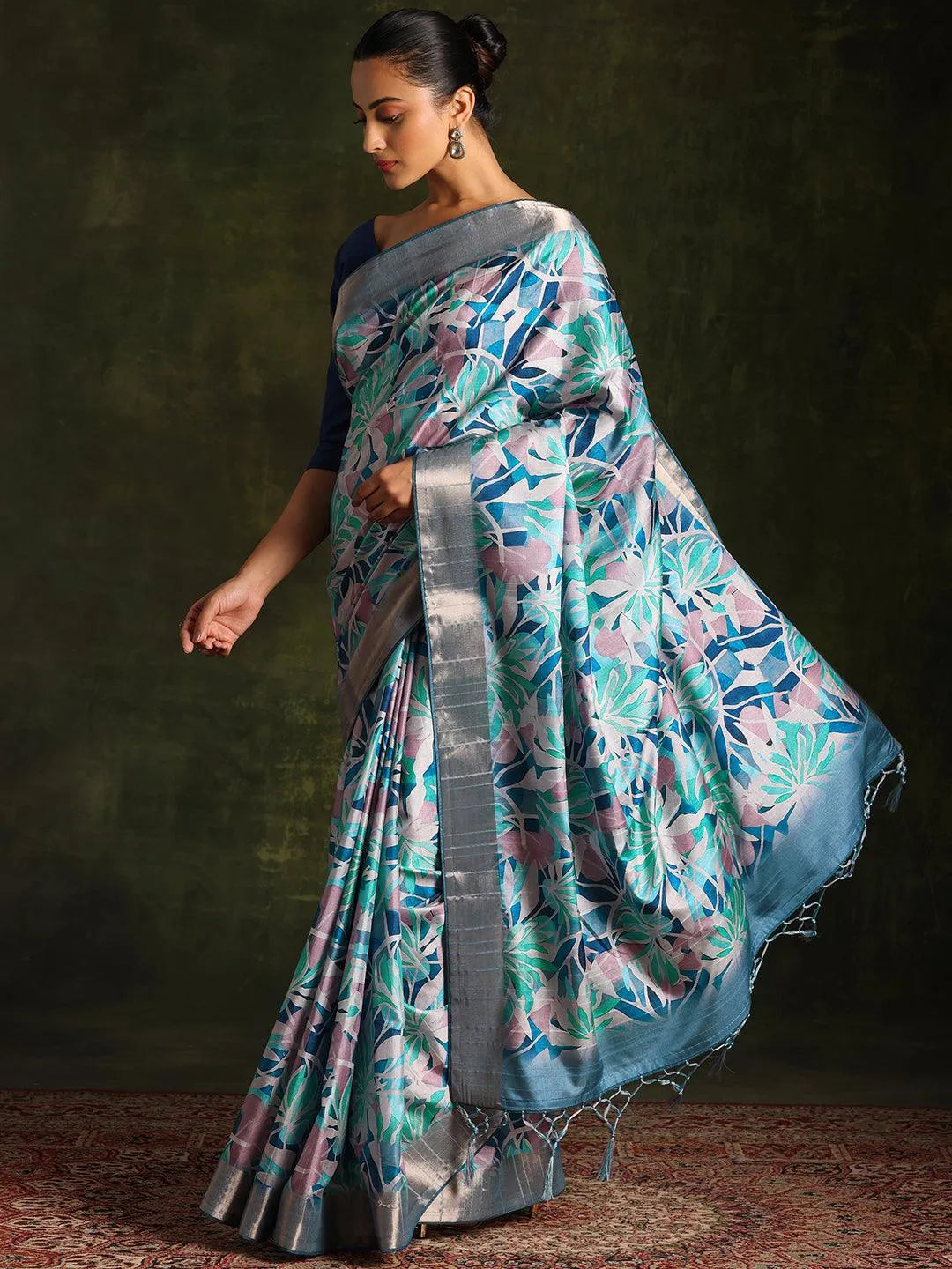 Blue Printed Silk Blend Saree With Unstitched Blouse Piece - Libas